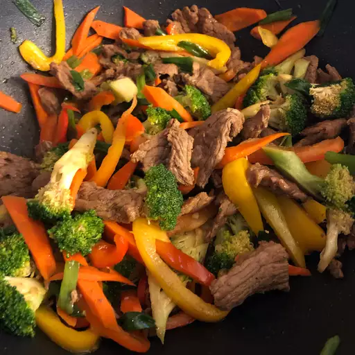 Beef and vegetables in a stir-fry